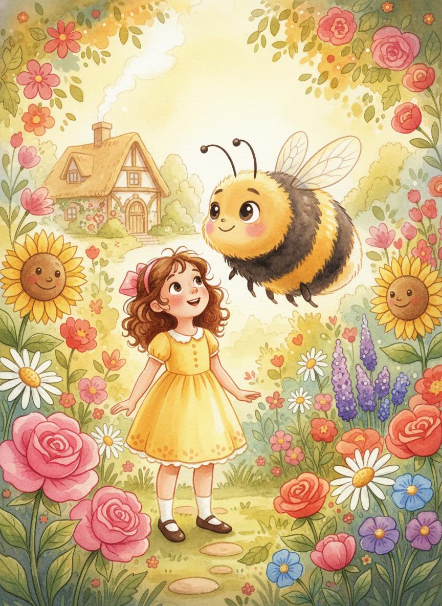 Lily and the Giant Bee - Lily with the friendly giant bee in her grandmother's garden