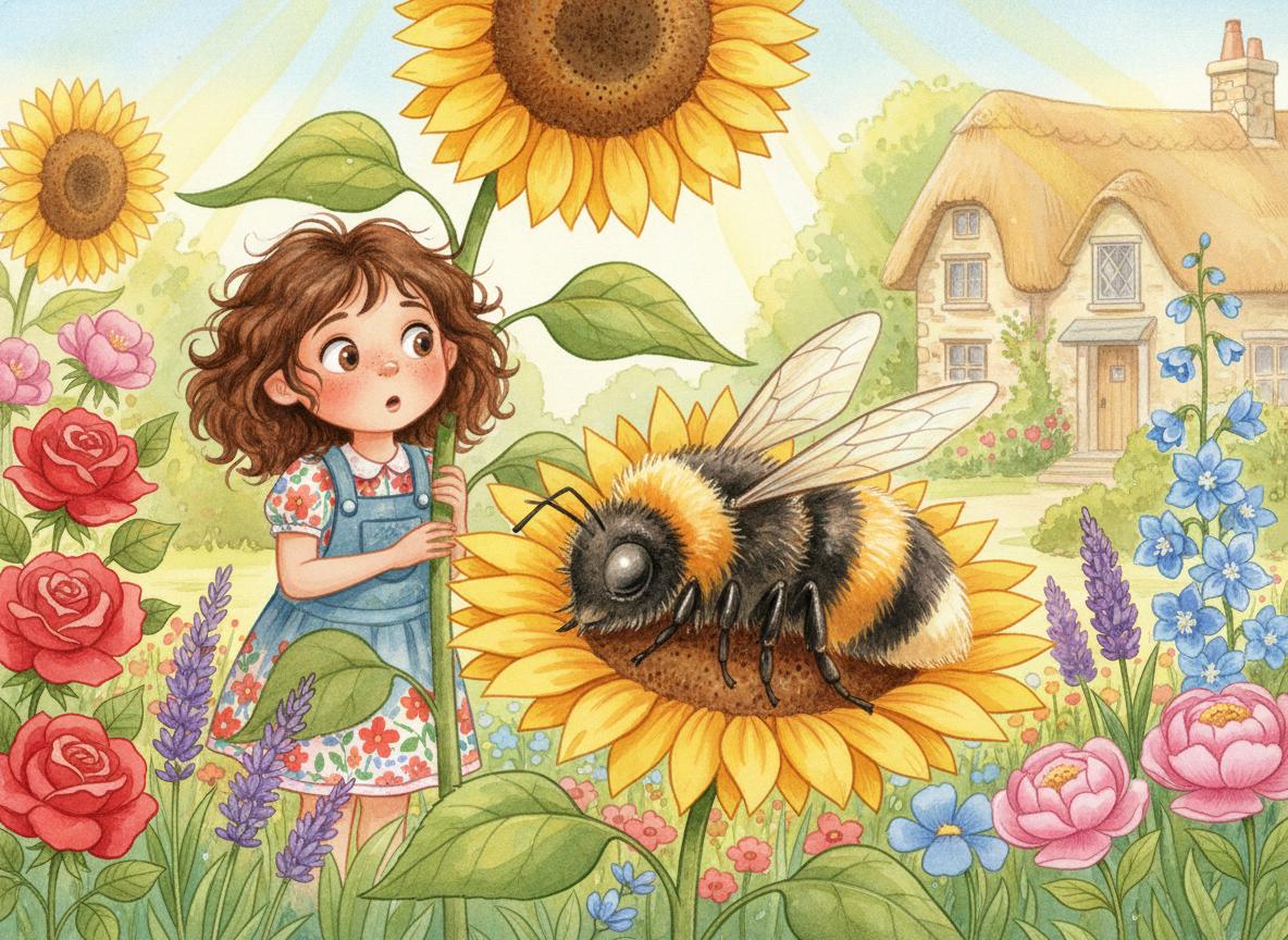 Lily peeking from behind a sunflower at the giant bee sleeping on a flower