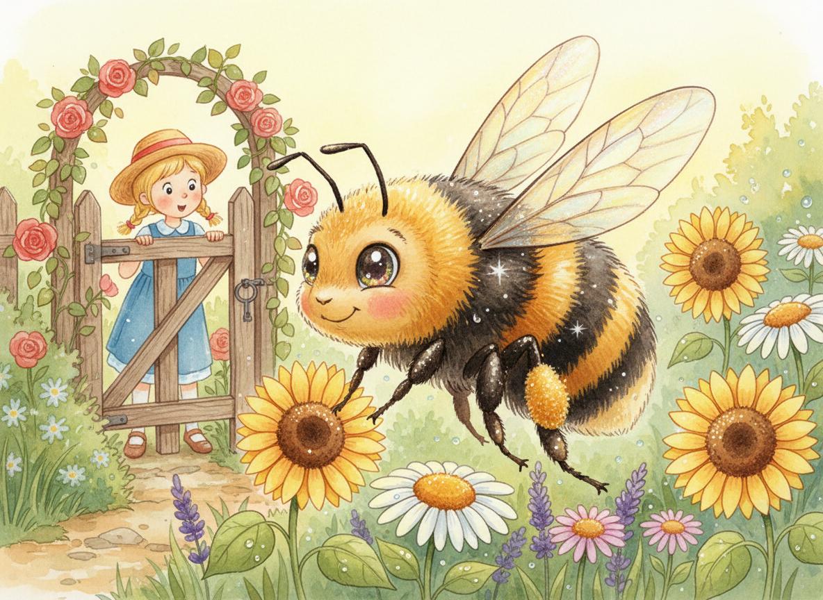 The giant bee gently visiting flowers while Lily watches from the garden gate