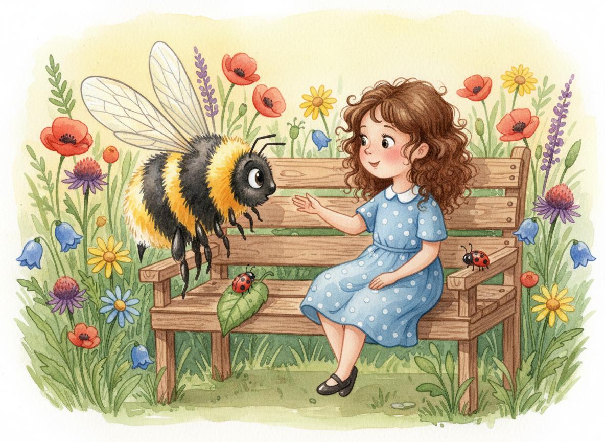 Lily and the giant bee meeting face-to-face on the garden bench