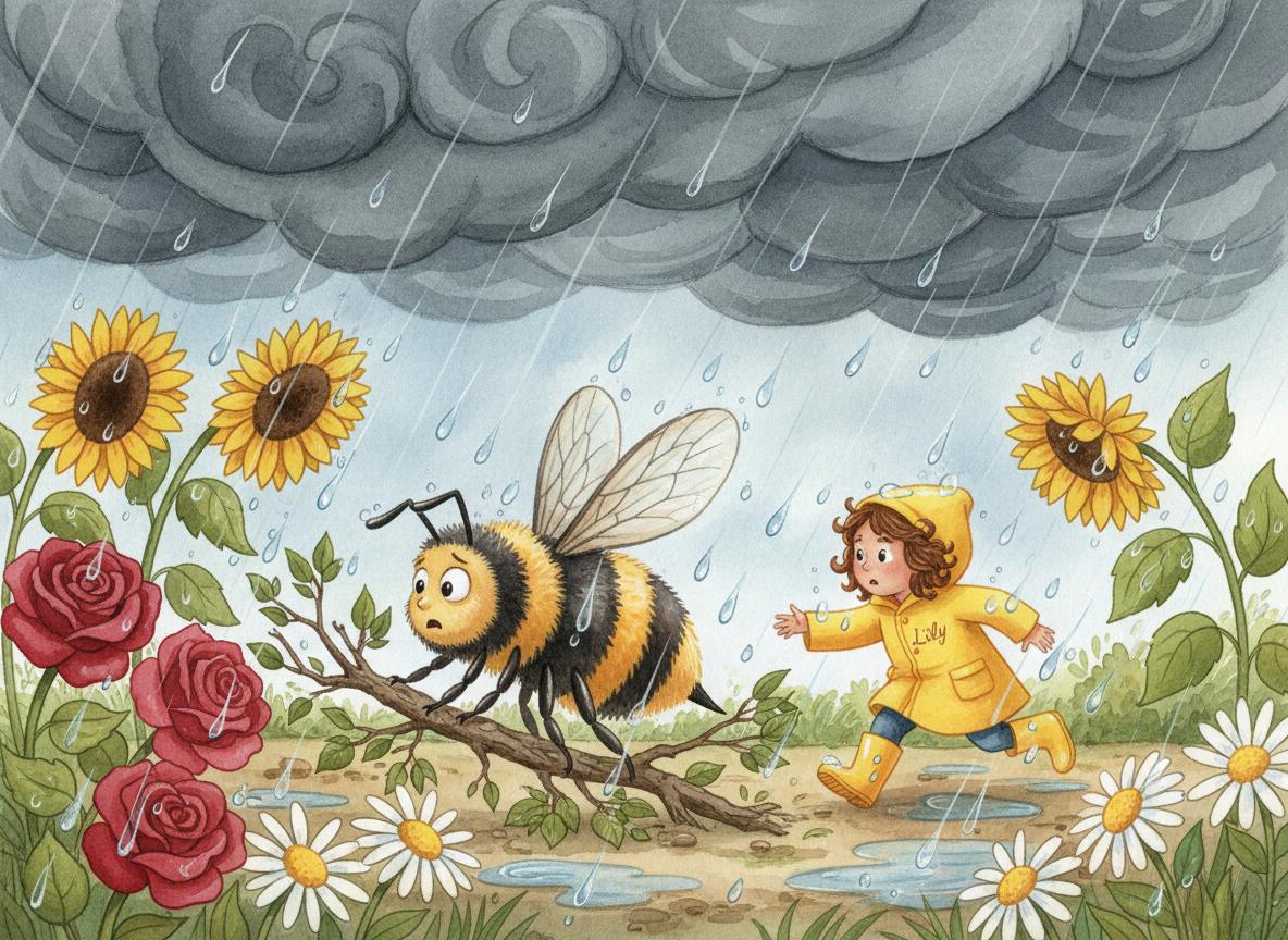 Bumble trapped under a fallen branch during the storm, Lily running to help