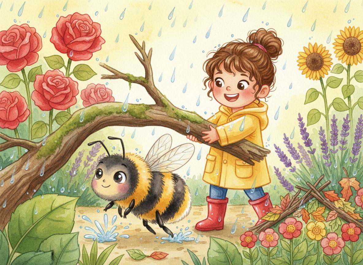 Lily bravely lifting the branch to free Bumble in the rain