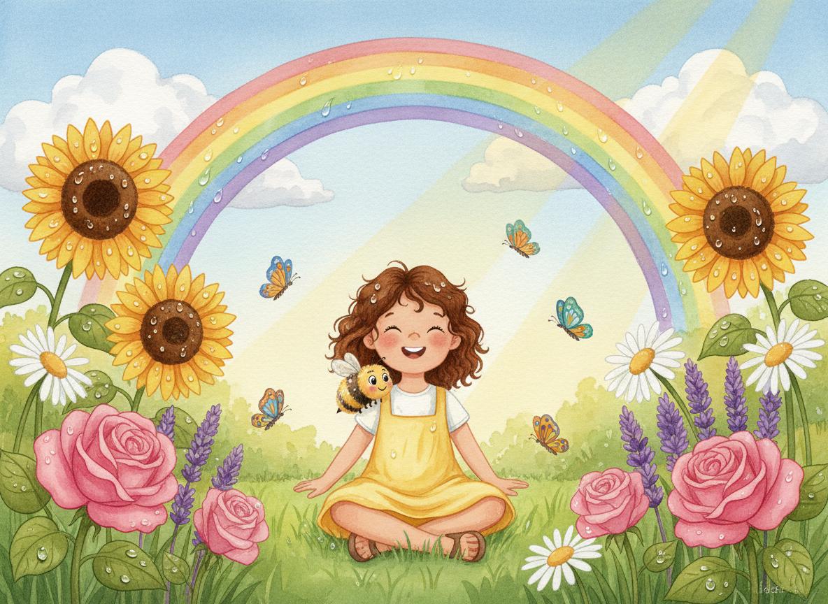 Lily and Bumble together in the beautiful rainbow garden after the storm