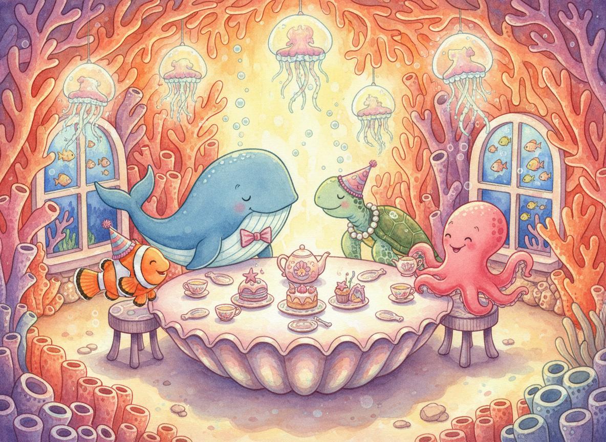 The tea party inside the coral house with whale, turtle, octopus and clownfish