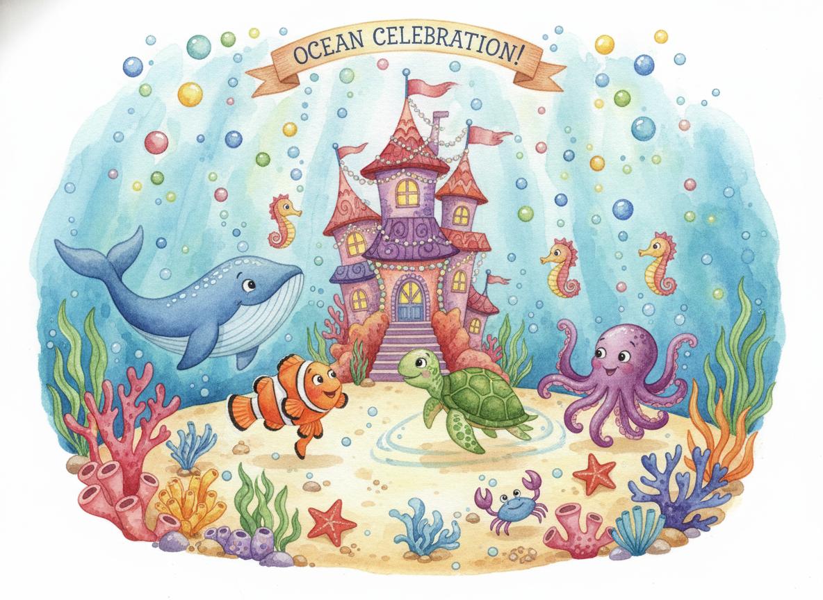 All the sea creatures celebrating together