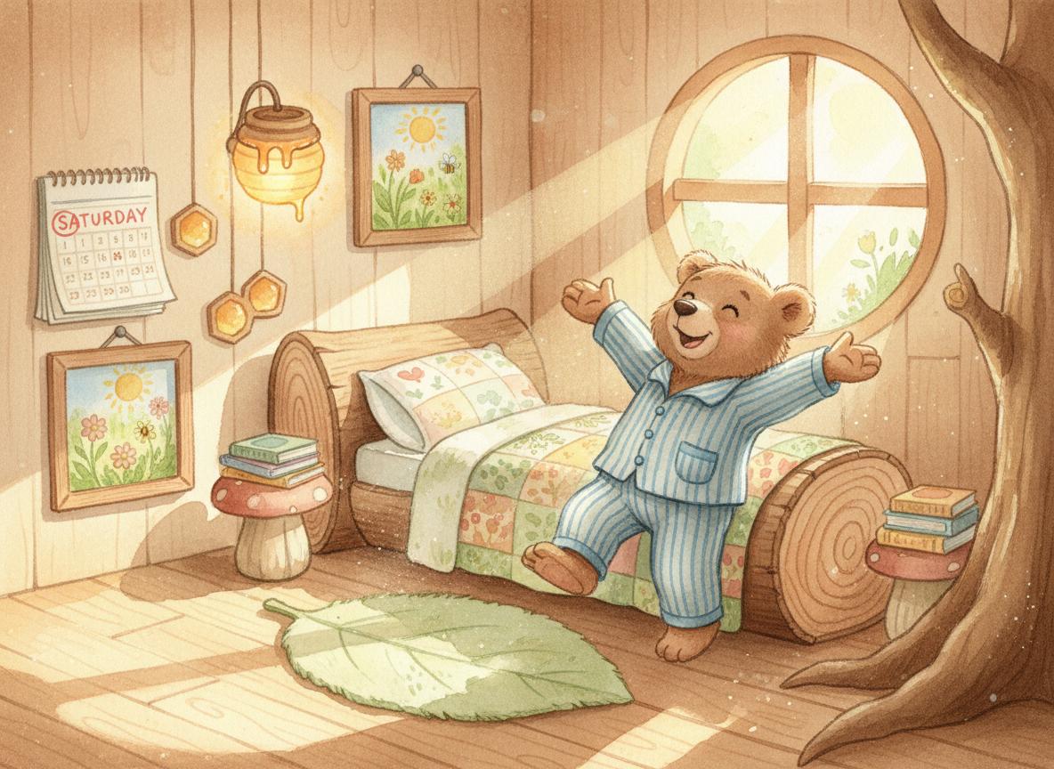 Honey Bear waking up excited for picnic day in his treehouse