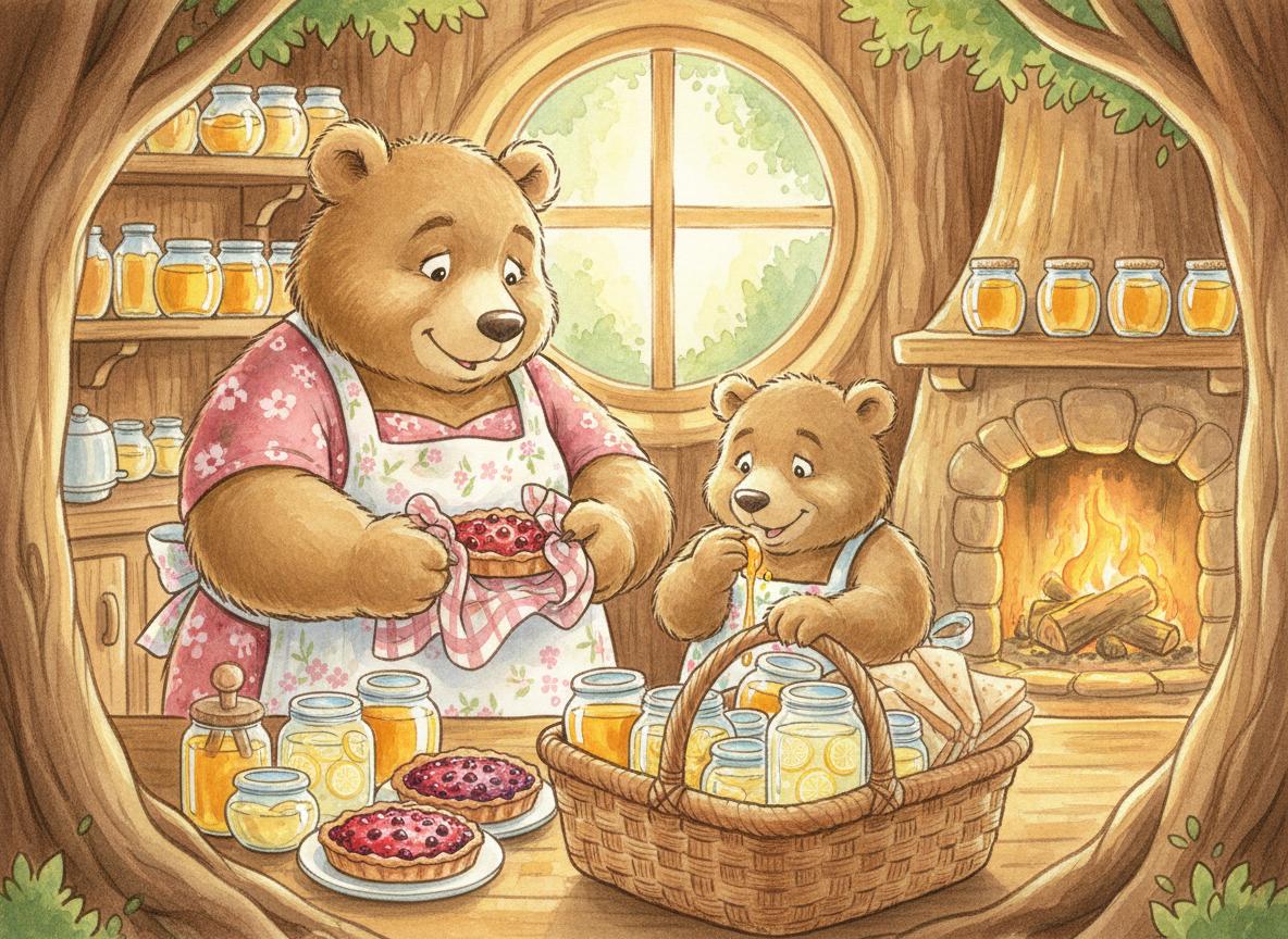 Bear family packing the picnic basket in their cozy kitchen