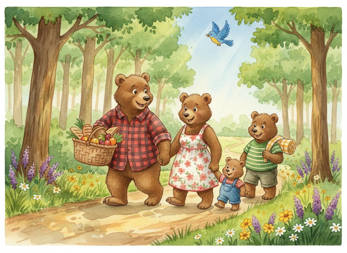 Bear family walking through the sunny forest path