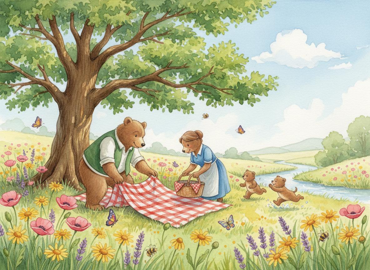The beautiful meadow with wildflowers and the Great Oak Tree