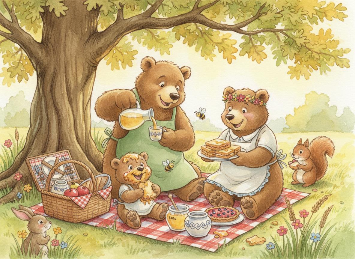 Bear family enjoying honey picnic with forest friends