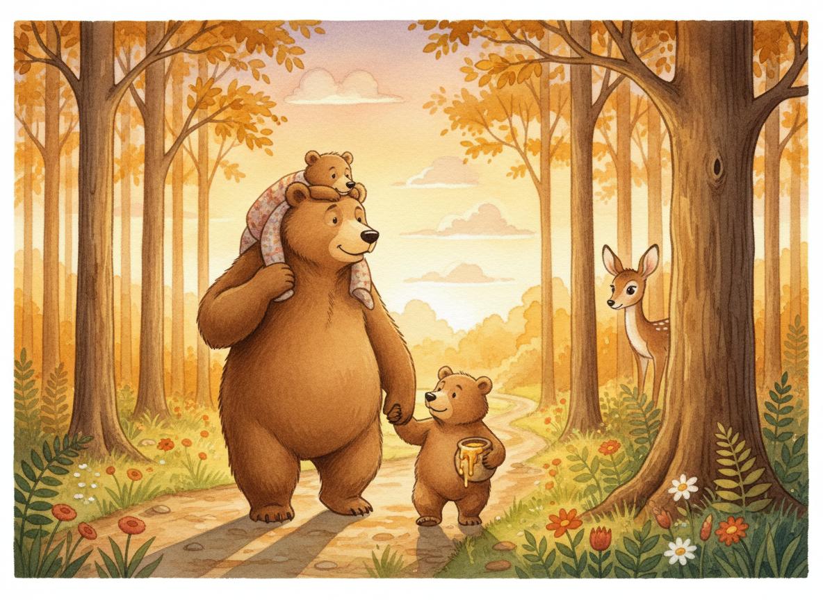 Bear family walking home through golden sunset forest