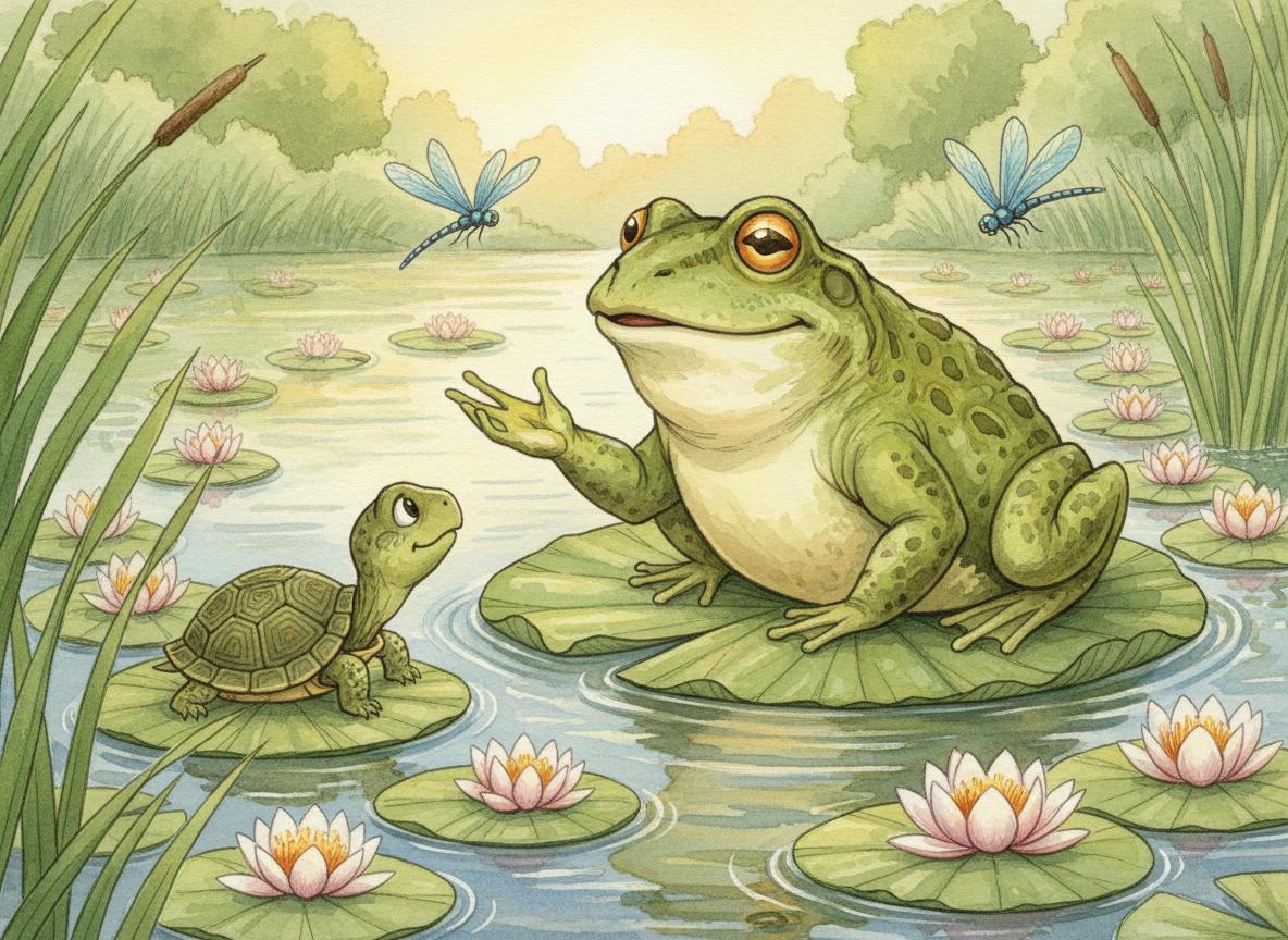 Wise old frog giving Leo advice on a lily pad