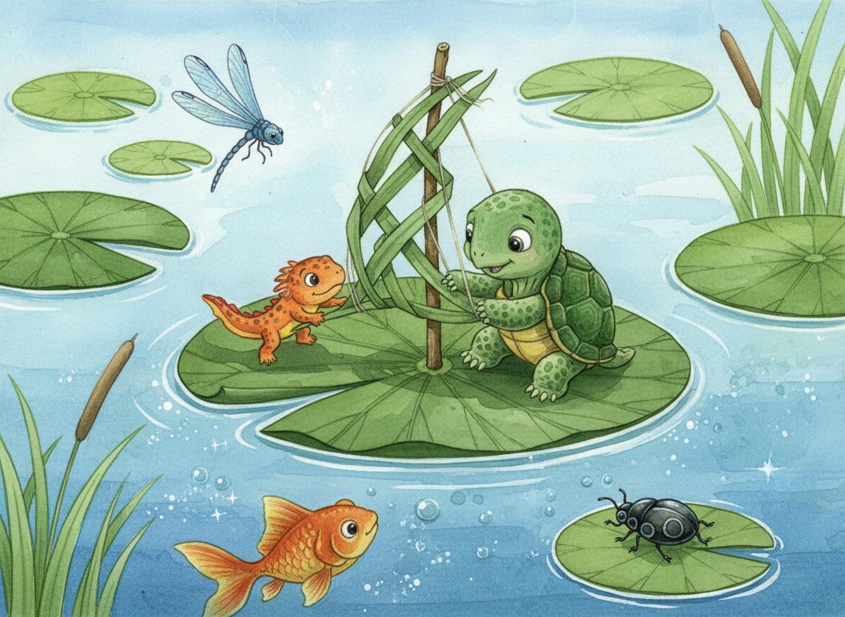 Leo building his leaf boat with Nip the newt
