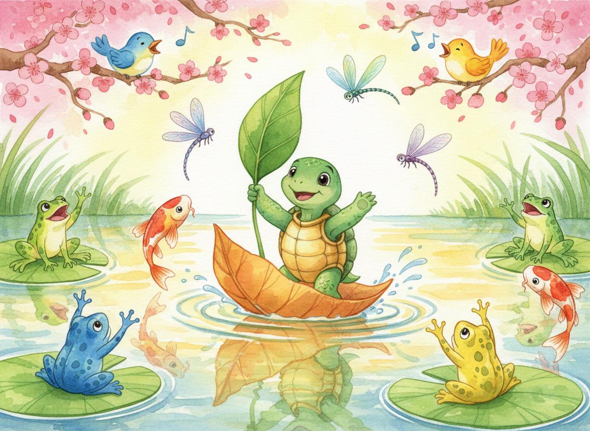 Leo sailing triumphantly on his leaf boat
