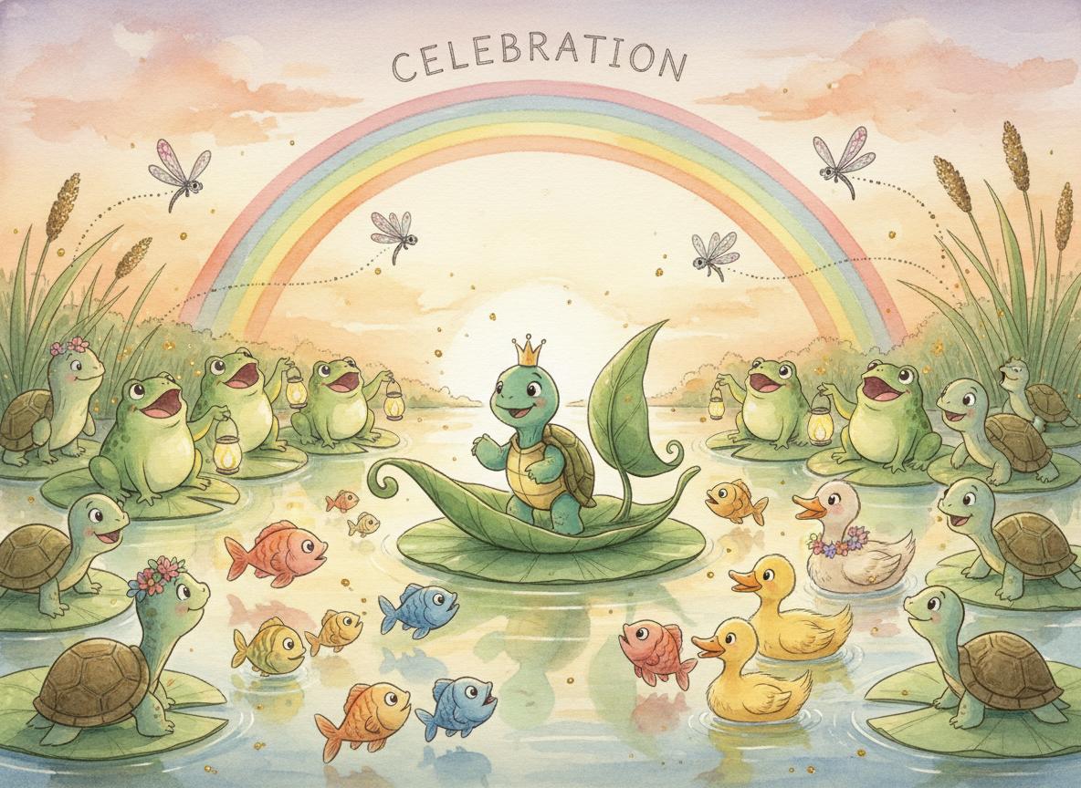 Leo celebrated by all pond creatures at sunset