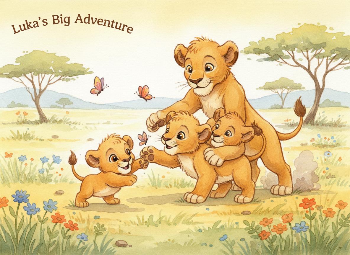 Luka the lion cub playing with his siblings on the savanna