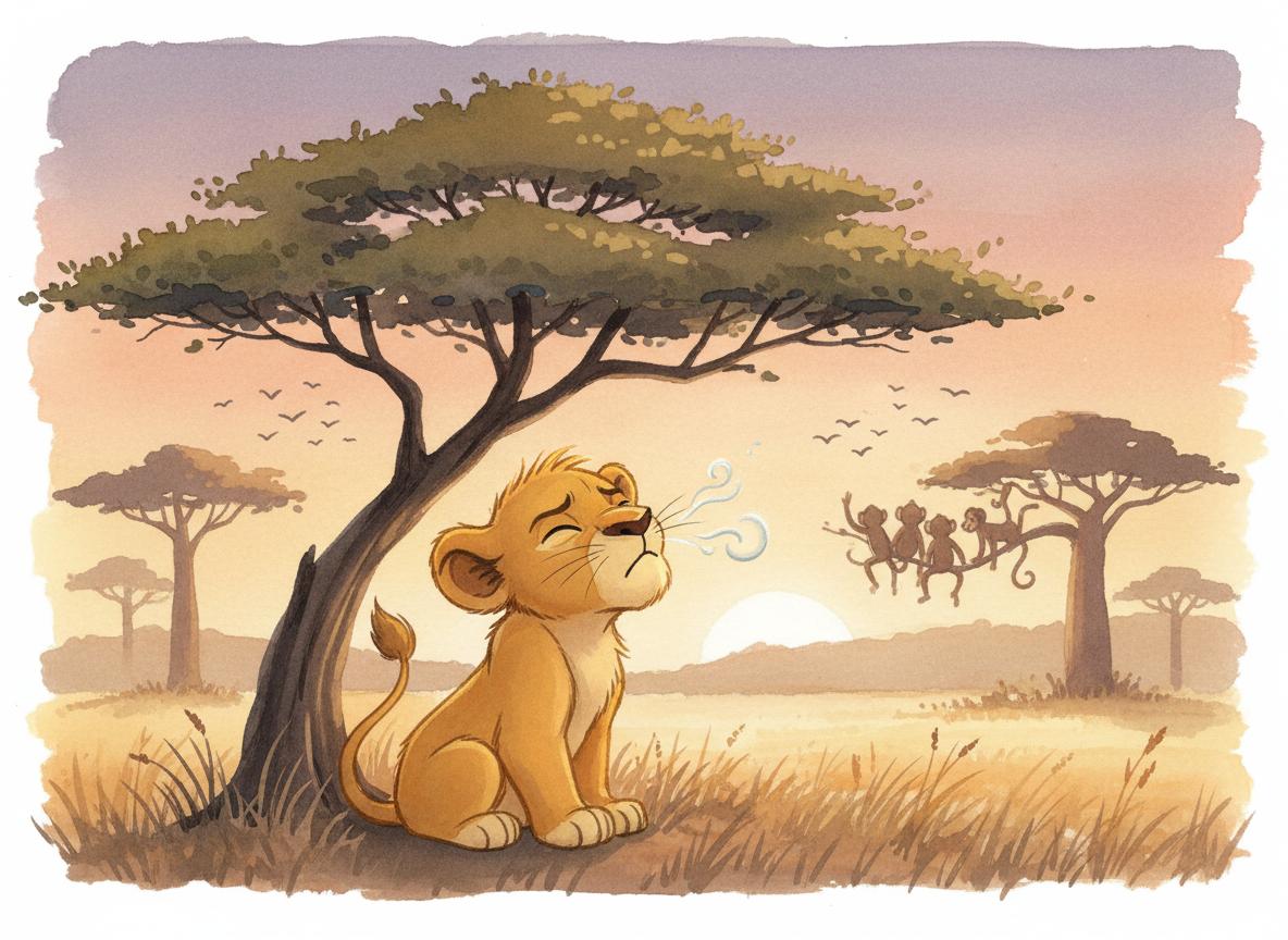 Luka sitting alone under an acacia tree, his tiny roar coming out as a squeak