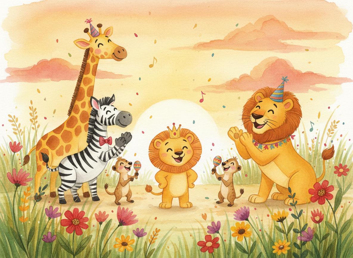All the savanna animals celebrating Luka's bravery together