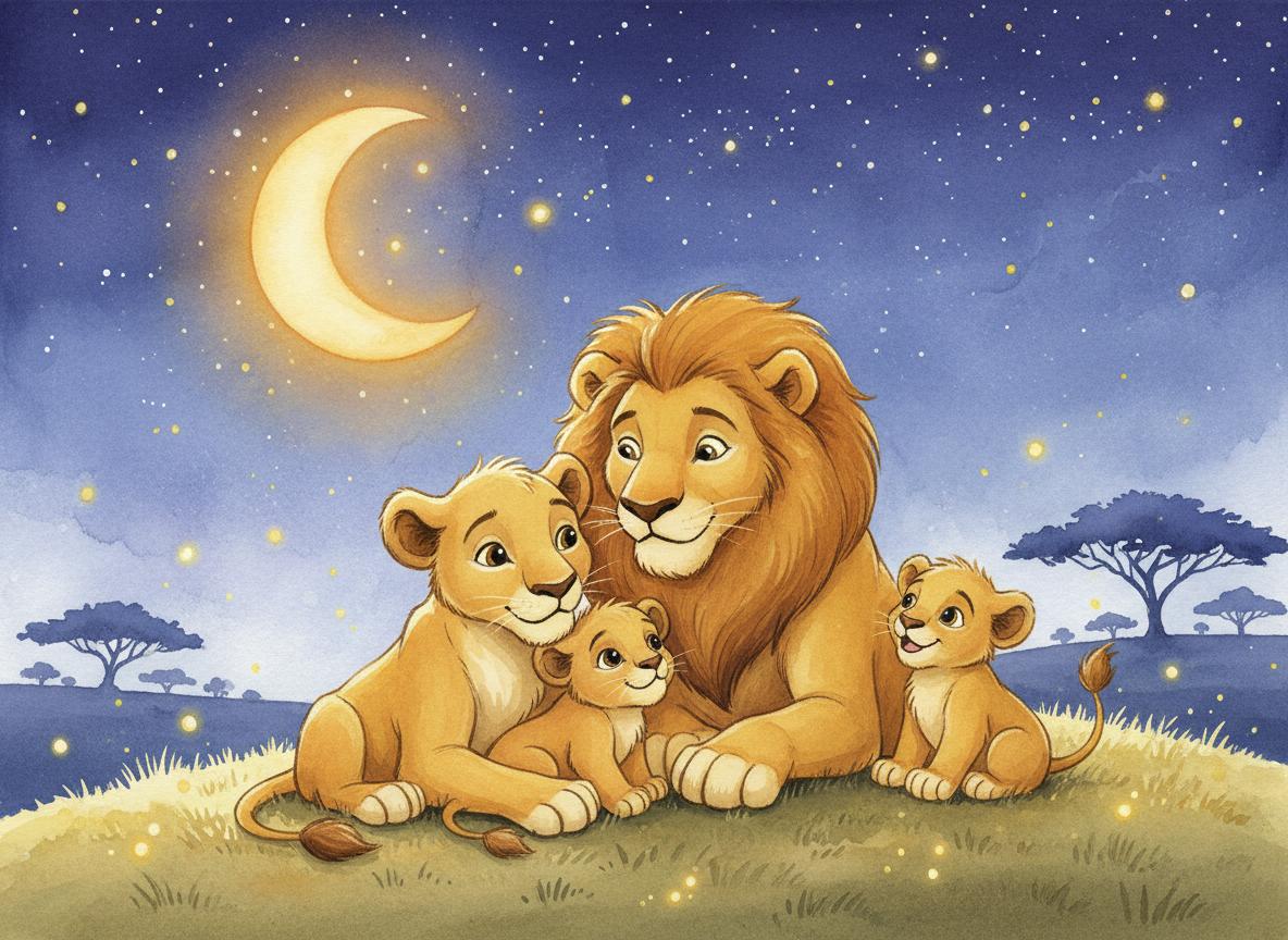 Luka snuggled with his lion family under the starry night sky