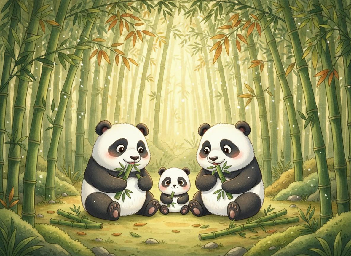 Po the baby panda with his family eating bamboo in the green forest