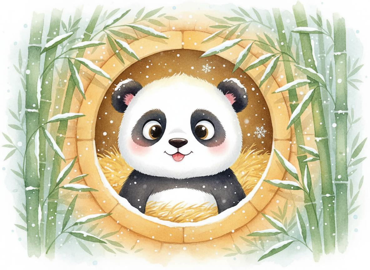 Baby panda Po peeking from the den as first snowflakes fall on his nose