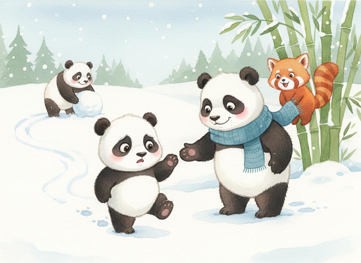Po hesitantly stepping into the snow while his family encourages him