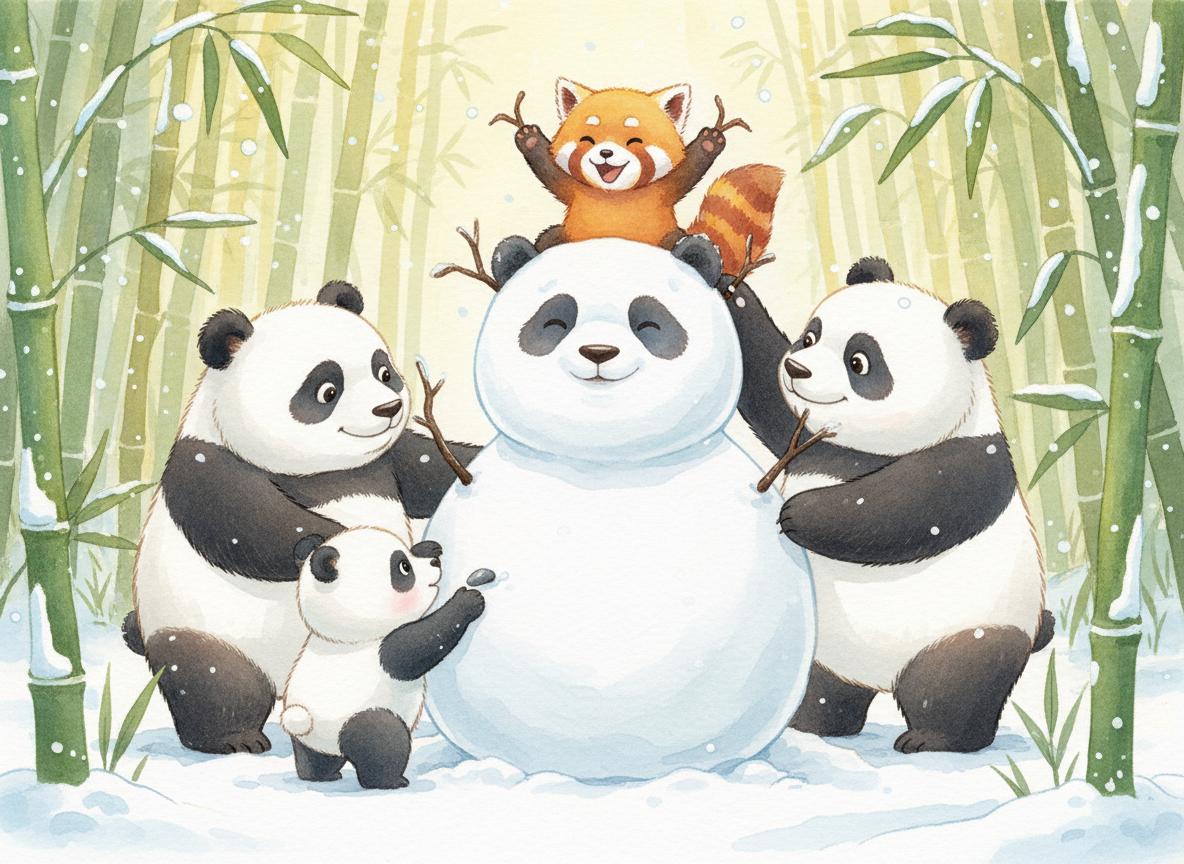 The panda family building a snow panda together with Remy on top