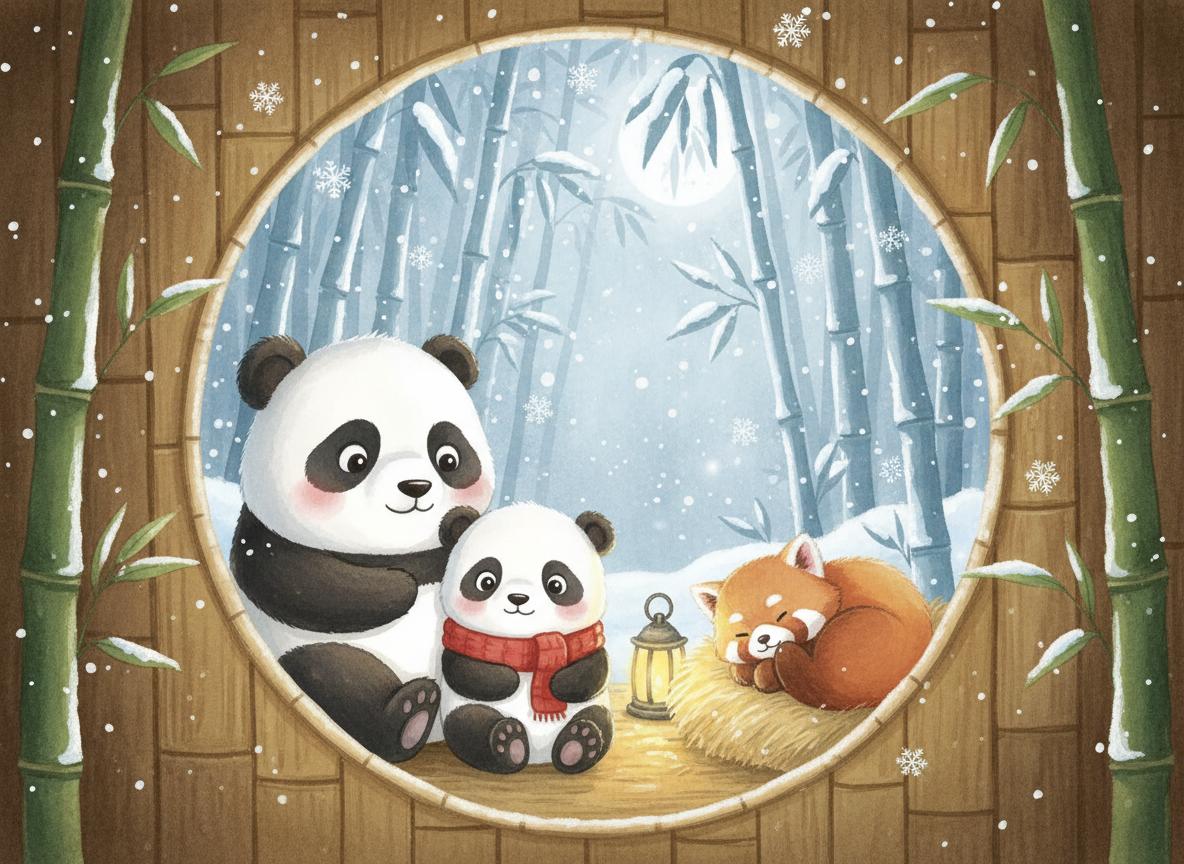 Po snuggled with his family in the warm den, watching snow fall outside