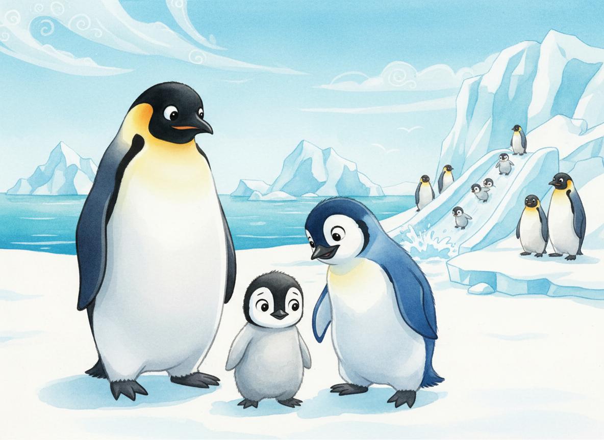 Pip the baby penguin with his family on the Antarctic ice shelf