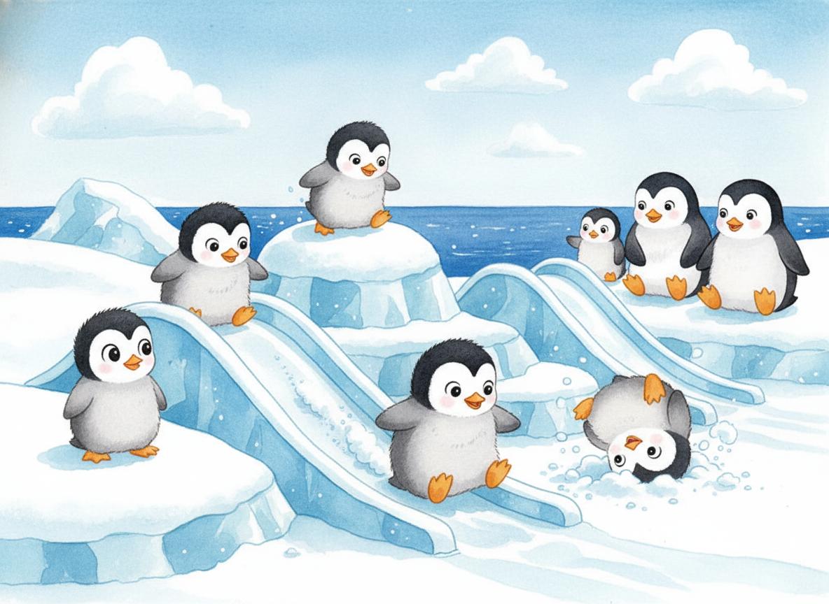 Baby penguins playing on the small ice slides while Pip watches nervously