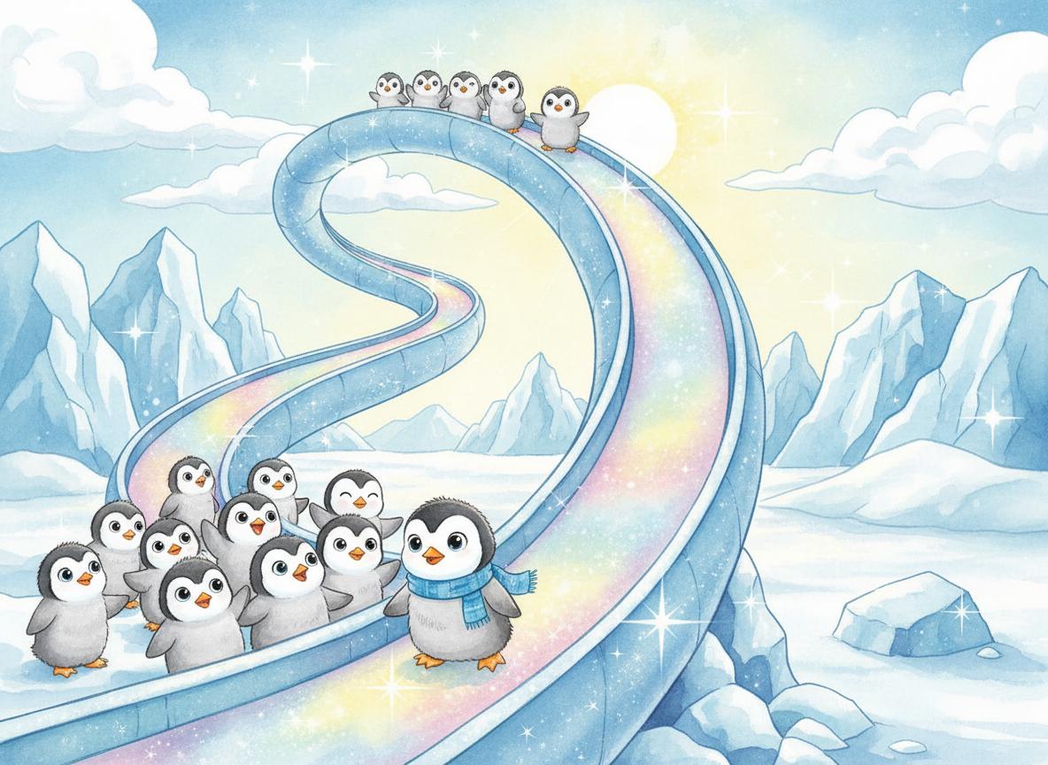 Pip and friends gazing up at the enormous Great Ice Slide