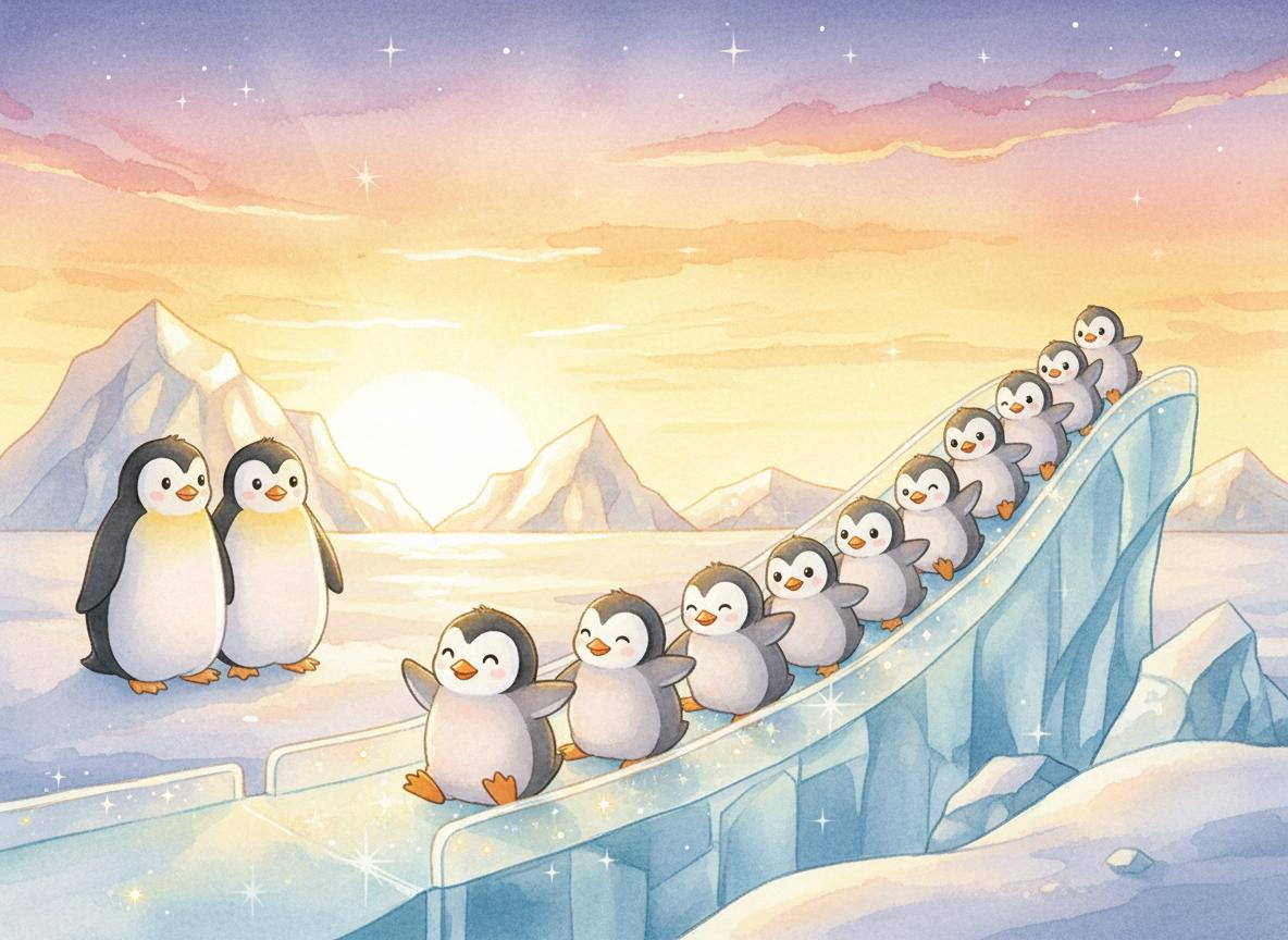 Pip leading all his penguin friends down the ice slide at sunset