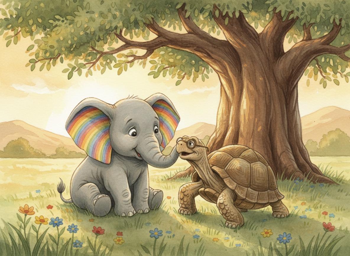 Wise old tortoise giving Luna advice under the baobab tree