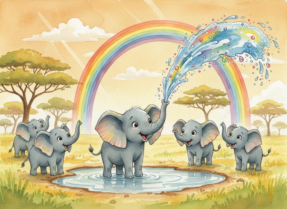 Luna creating spectacular rainbows with her trunk at the watering hole