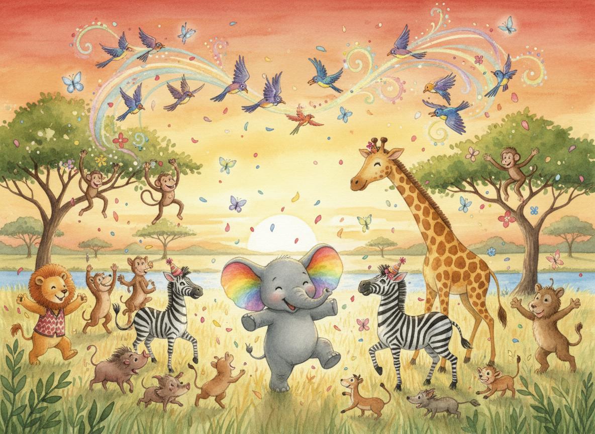 All jungle animals celebrating Luna's rainbow magic together