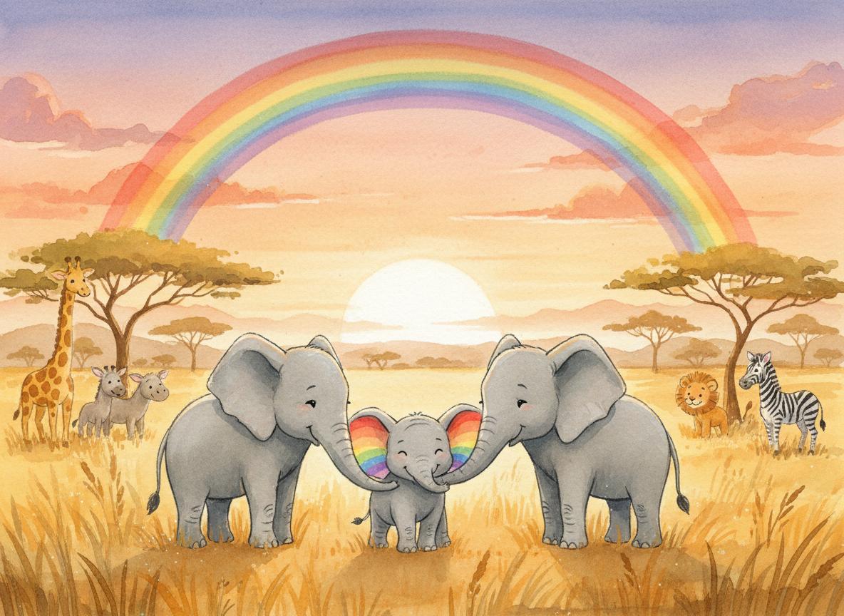 Luna with her family under a real rainbow at sunset