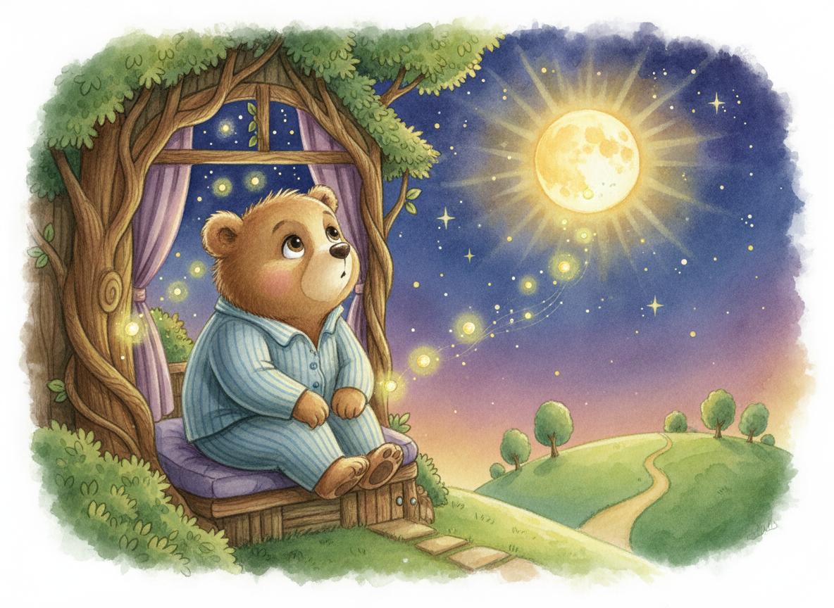 Benny the bear gazing at stars from his treehouse