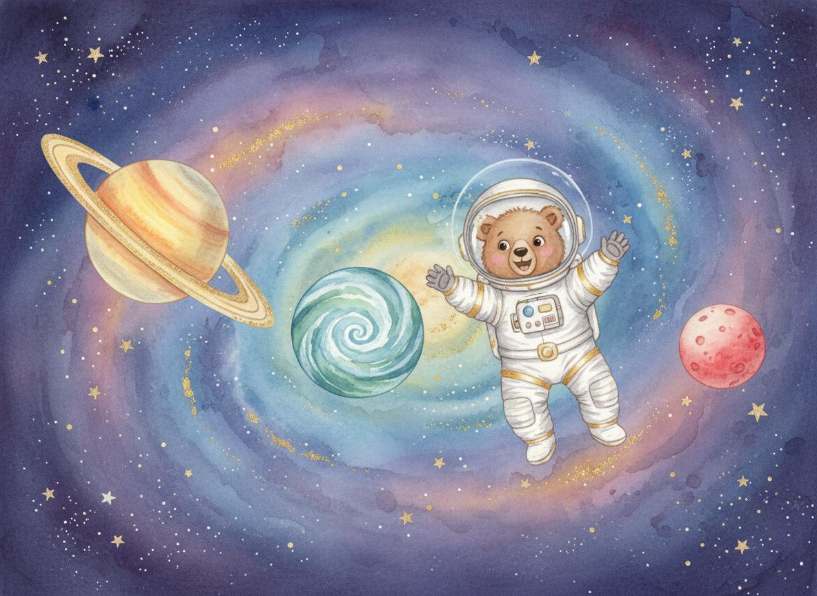 Benny floating in space among planets and stars