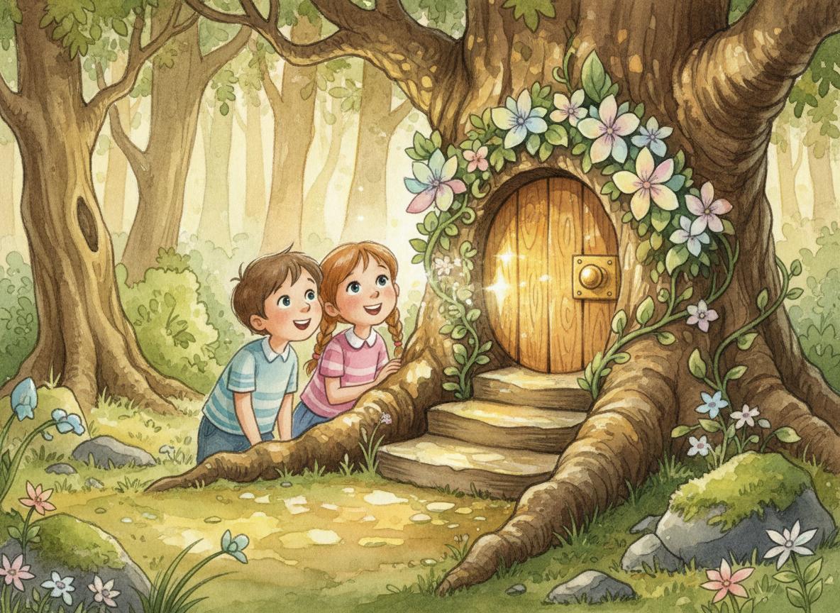 Mia and Oliver discovering the glowing door in the tree