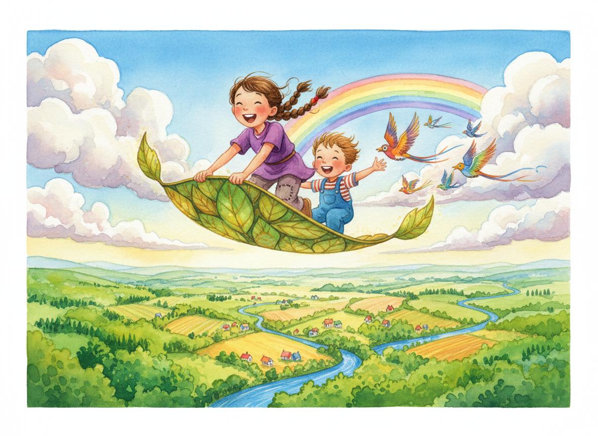 Mia and Oliver flying on a giant leaf through the clouds