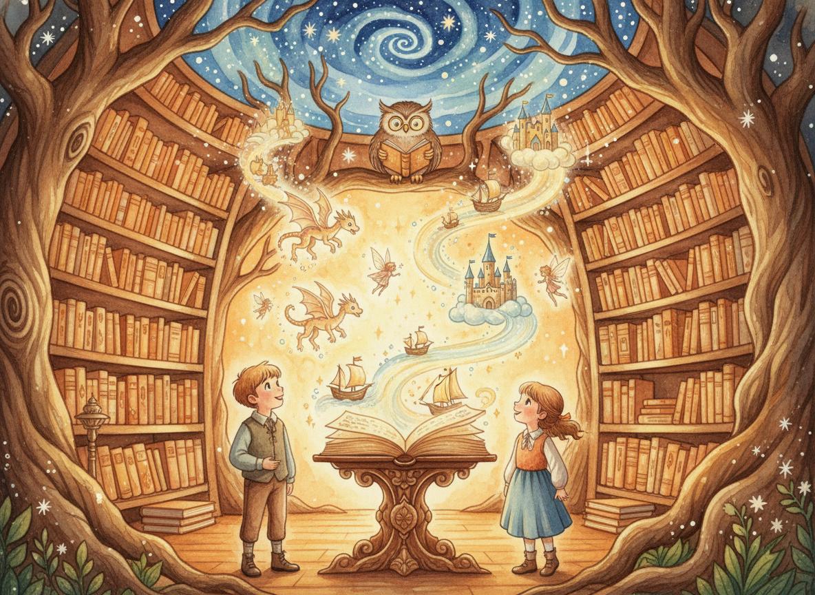 The magical library with floating storybook images