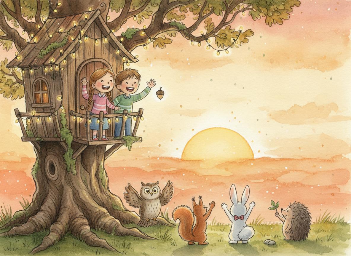 Mia and Oliver saying goodbye at sunset with animal friends
